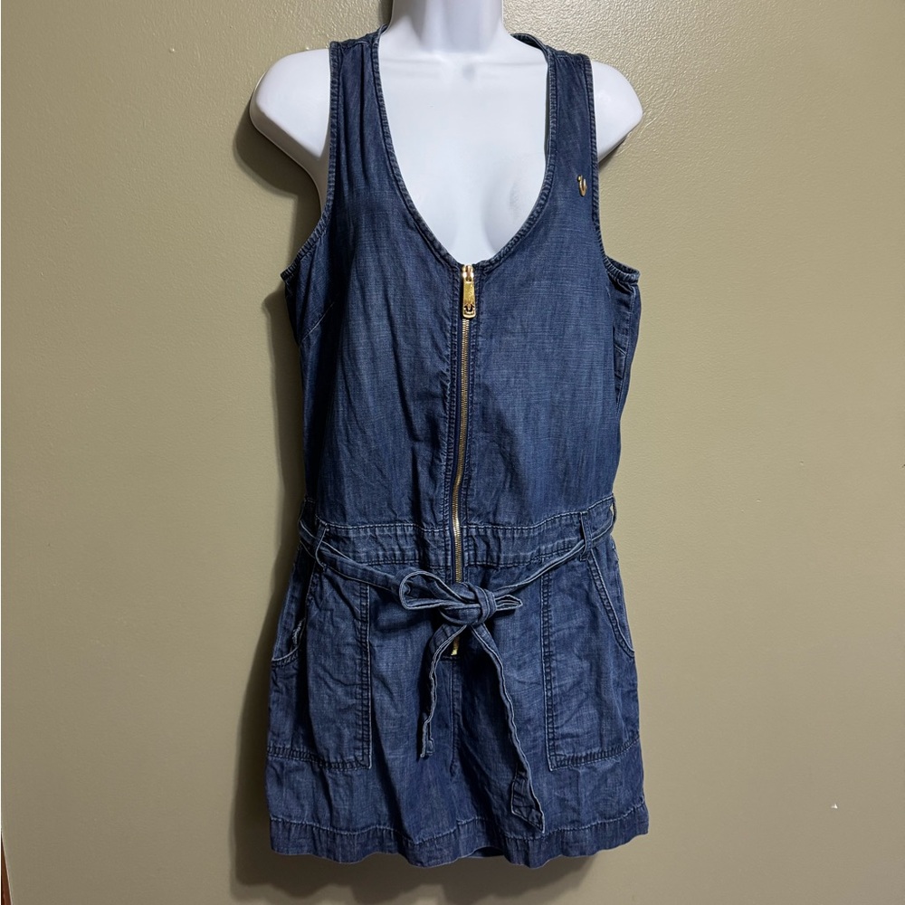 True Religion Zip Up Denim Romper, Size L, Medium Wash
